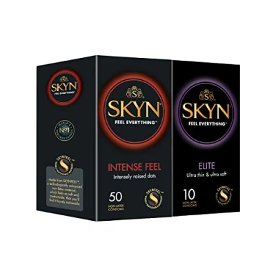 Image of SKYN Intense Feel Condoms Pack of 50 &amp; Elite 10 / Skynfeel Latex Free for Men, Regular Size Condoms, Ribbed and Dotted Straight Shape, Ultra Thin Soft
