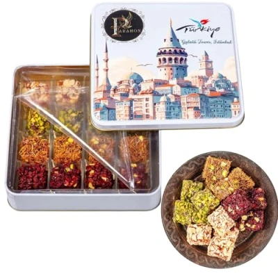 Image of PARAHON Lokum Turkish Delight Gift Box Gourmet Mix 400g Tin Tubs of Vintage Sweets Birthday Present include Pistachio, Pomegranate &amp; More Eid Confectionery Christmas