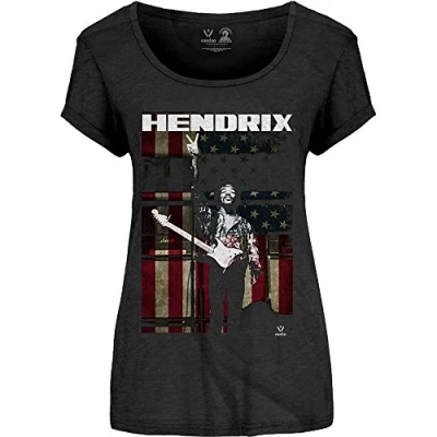 Image of Officially Licensed Ladies Jimi Hendrix Peace Flag Black Scoop T Shirt