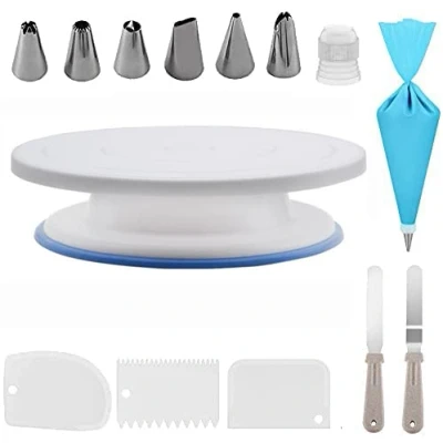 Image of Cake Turntable 11 Inch Plate Rotating 15 PCS Stand Professional Cupcake Decorating Kit with Stainless Steel Nozzles Piping Bags