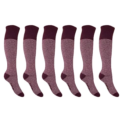 Image of JCB Ladies Welly Boot Socks Cotton Rich 1 Pack Burgundy UK 4 7 EUR 37 40 Knee High (6 Pair Pack)