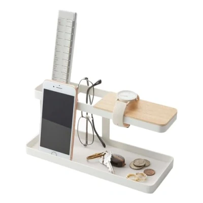 Image of Yamazaki 2299 TOWER Desk Organizer, White, Steel/Wood, Minimalist Design, 24.5 x 9.7 11.3 cm (LxWxH)