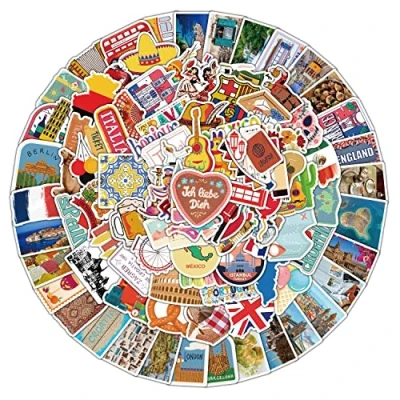 Image of Travel Stickers for Laptop(100 PCS),Gift Children Teens Adults Girl Boys,Travel Around The World Map Waterproof Water Bottle,Vinyl Scrapbook,Skateboard,Bike,Phone,Dairy