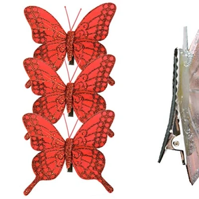 Image of Christmas 3 Pack Clip on Feather Butterfly with Glitter Tree Decoration Red