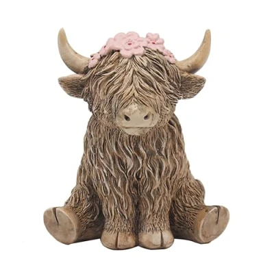 Image of The Leonardo Collection Happy Highland Cow Flower Girl Sitting with Flowers Figurine, LP73651