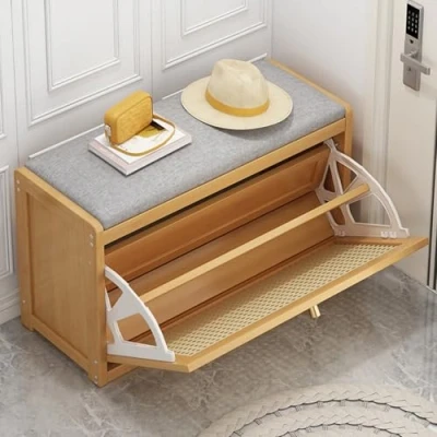 Image of VSTQNXR Rattan Shoe Bench Entryway Bench, Rack With Adjustable Shelf, Wooden Storage Benches Linen Seat Cushion, Sitting Seat, For Hallway And Bedroom(Natural,70 * 24 44cm)