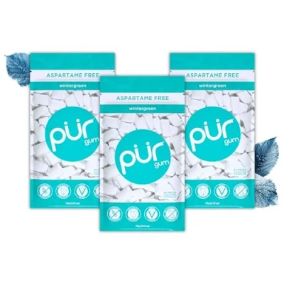 Image of PUR Gum Sugar Free Chewing Made with Xylitol Vegan, Aspartame Free, Gluten and Keto Friendly Natural Wintergreen Flavoured Gum, 55 Pieces (Pack of 3)
