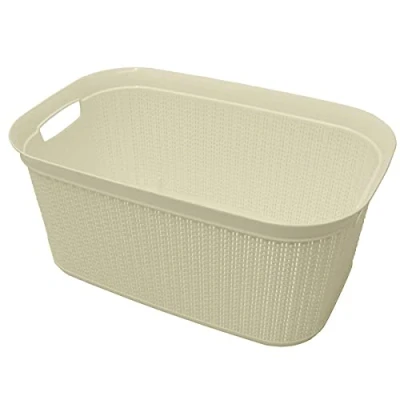 Image of JVL Knit Design Loop Plastic Rectangular Linen Washing Basket with Handles, Ivory, 36.5 x 56.5 25.5 cm, 38 Litre