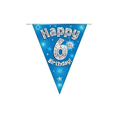 Image of Party Bunting Happy 6th Birthday Blue Holographic 11 flags 3.9m