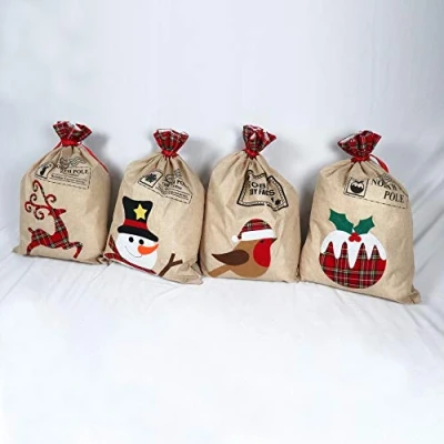 Image of SHATCHI Large Santa Sack Stocking Printed Pattern Burlap Hessian Linen Xmas Sock Christmas Hanging Gift Bags Home Decorations Pudding/Reindeer/Snowman/Robin,70x50cm