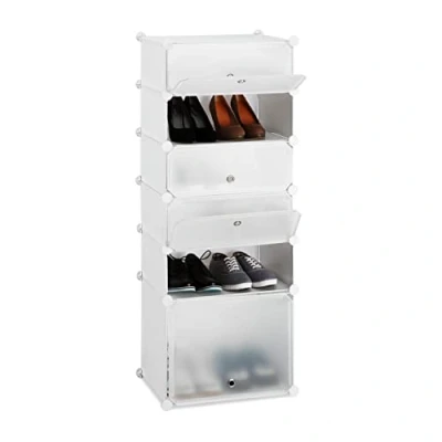 Image of Relaxdays Plastic Shoe Cabinet, Modular Shelving System with 6 Compartments and Doors, DIY, HWD 52 x 37 9 cm, White