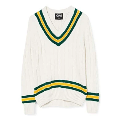 Image of Gunn &amp; Moore GM Cricket Sweater Pullover Classic Heavy Cable Knit Long Sleeve Cream with Green Gold Trimmed Collar XXL to fit chest 46&quot;