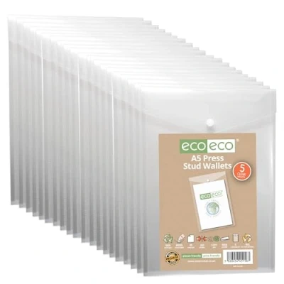Image of eco A5 50% Recycled Clear Transparent Portrait Press Stud Popper Wallet, Plastic Folders 230x170mm (Pack of 20), 200mic, eco158x4
