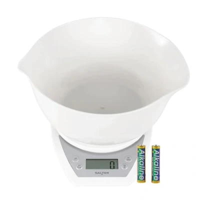 Image of Salter 1024 WHDR14 Dual Pour Digital Kitchen Scale Includes 2L Mixing Bowl, Wide &amp; Narrow Pouring Spouts For Wet Dry Ingredients, Measure Liquids, Add Weigh, Easy Read LCD Display, 5kg Capacity