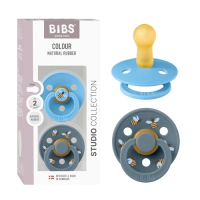 Image of BIBS Colour Studio Soother 2 Pack, BPA Free Dummy Pacifier, Round Nipple. Natural Rubber Latex, Made in Denmark, Size (6 18 Months), Breeze/Petrol