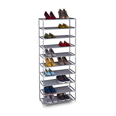 Image of Relaxdays, Grey Fabric Shoe Rack Plug In System, 10 Levels, for 30 Pairs of Shoes, Height 150 x Width 62 Depth 28 cm, Plastic, Pack 1