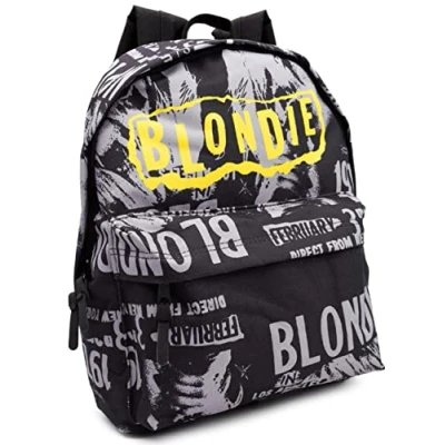 Image of Blondie Backpack For Adults Teens Music Band Poster Los Angeles 1977 Concert School Rucksack Black Yellow OAP Bag With Adjustable Straps One Size