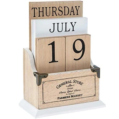 Image of Home Sweet Vintage Wooden Perpetual Calendar Desk Top Eternal Calender Blocks