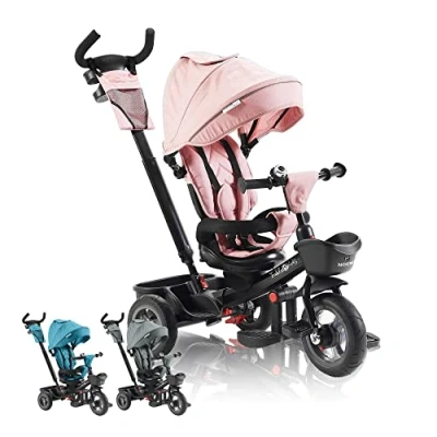 Image of FableKids Noemi 5 in 1 Tricycle with Push Bar from 18 Months up to 25 kg, Forward and Reverse, PU Tyres, Freewheel Spacious, Basket, Bag, Drink Holder Pink