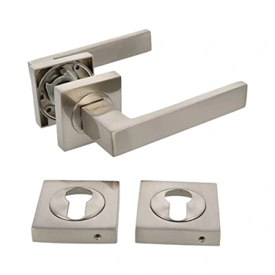 Image of Amig Set of Door Handles Cadiz Model 52 x 124 mm with Keyhole Elegant and Simple Design Ergonomic Grip Handle Satin Aluminium