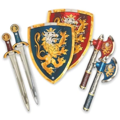 Image of Liontouch Noble Knight Toy Swords, Shields &amp; Axes, Blue Red Medieval Pretend Play Set For 2 Boys in Foam With Golden Lion Theme Safe Weapons Combat Accessories Dress Up Costumes
