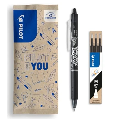 Image of PILOT Set of 1 Frixion Ball Clicker + 3 refills Erasable retractable pen with heat sensitive ink Refillable and ergonomic rollerball Black Medium tip
