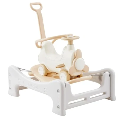 Image of VEVOR C YM101 Baby Rocking Horse with Trampoline, Detachable Balance Board, Push Handle and 4 Smooth Wheels, Support to 80lbs Kids Ride on Toy, White