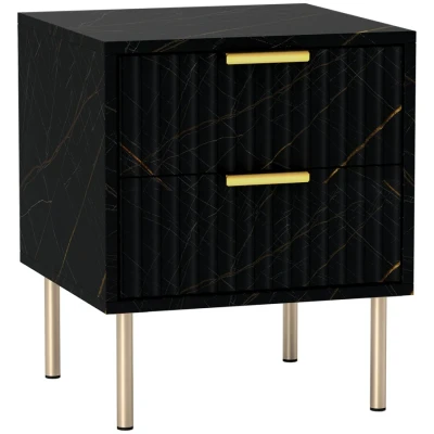 Image of HOMCOM Marble Pattern Bedside Table, Fluted Cabinet with 2 Drawers, Side End Table Steel Legs for Bedroom, Black