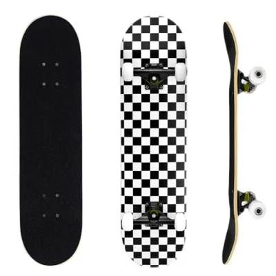 Image of ERNAN Complete Skateboard for Beginners,31 x 8 Inch Double Kick Kids Teenagers &amp; Adults. with Skate T Tool. (black and white)