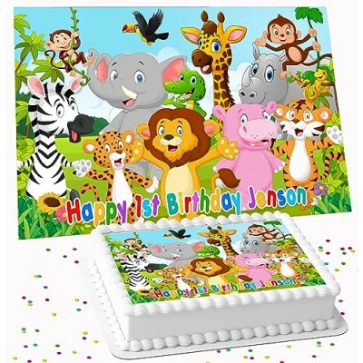 Image of JUNGLE ANIMALS BIRTHDAY PERSONALISED EDIBLE ICING COSTCO CAKE TOPPER R1 722