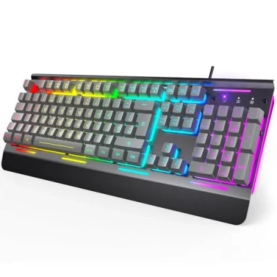 Image of TECKNET RGB Gaming Keyboard, 105 Keys, All Metal Panel, 15 Zone Illumination, Backlit Quiet Computer Keyboard,Wrist Rest,25 Anti ghosting Keys,IP32 Water &amp; Dust Resistant USB Wired Keyboard (Grey)