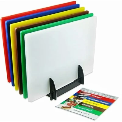 Image of Stalwart 6 x Colour Coded Chopping Boards Set Incl Rack and Wall Chart 450x300x10mm. LDPE Hygienic Easy to Clean.