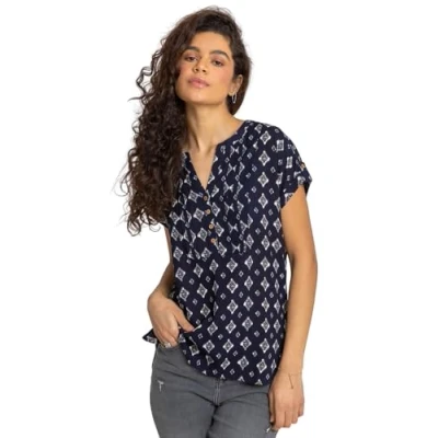 Image of Roman Originals Short Sleeve Shirt for Women UK Ladies Tunic Top Summer Blouse Casual Smat T Spring Work Cocktail Party Going Out Special Occassion Holiday V Neck Navy Ivory Size 10