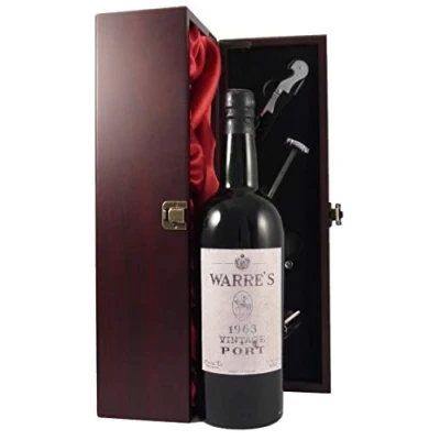 Image of Warre&#039;s Vintage Port 1963 presented in a silk lined wooden box with four wine accessories 1 x 750ml