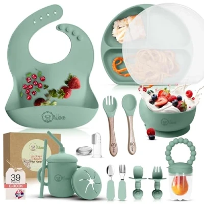 Image of O&#039;doe 17 Piece Baby Led Weaning Feeding Supplies for Toddlers,Baby Set Suction Silicone Bowl Self Eating Utensils with Fruit Feeder, Cup, Bibs, Food Plate Kit Lid Green V2