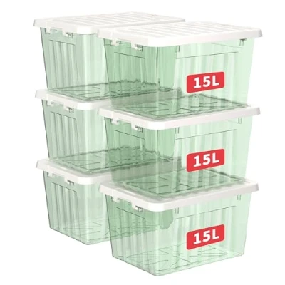 Image of Cetomo 15L*6 Storage Boxes with Lids, Plastic Bins Latching Buckles, Click Closure, Stackable, Nesting, Organizer for Home Office Clothes, Clear Green, 15L 6 Pack