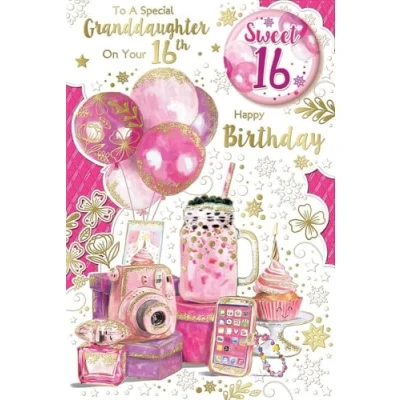 Image of Granddaughter 16th Birthday Card &amp; Badge Age 16 Pink Balloons Milkshake 9x6&quot;