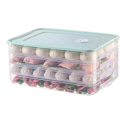 Image of ausuky Transparent Refrigerator Dumplings Fresh Storage Box with Lid Food Container (green,4 layers)