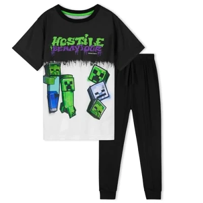 Image of Minecraft Boys Pyjamas Set Lounge Wear Long Top or T Shirt and Bottoms Teenagers Kids PJs 5 14 Years Gifts for (Black/White, 11 12 Years)