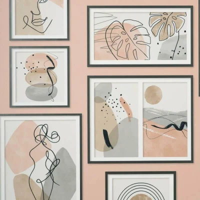 Image of Crown Gallery Dusky Pink Wallpaper M1714 Picture Frame Line Drawing Face Leaf