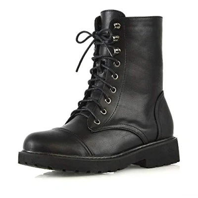 Image of Womens Lace Up Ankle Boots Chunky Grip Sole Ladies Winter Retro Combat Goth Biker Military Army Shoes Booties Size 3 8 Black Synthetic Leather