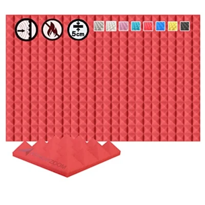 Image of Arrowzoom 24 Acoustic Panels Pyramid Sound Absorbing Treatment Tiles 25x25x5cm Recording Studio Noise Cancellation 26kg/m3 High Density Acoustical Dampening Fire Retardant 1034 RED