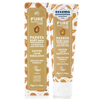 Image of P&#039;URE PAPAYA CARE Baby Balm Vegan Friendly &amp; Cruelty Free All Natural Ingredients With Papaya, Jojoba Oils, Calendula, Chamomile Shea Butter, Soothes Calms Dry Irritated Skin 50g