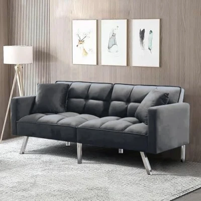 Image of KOSY KOALA Sofa Bed 2 Seater Grey Velvet Click Clack Settee Recliner Couch with Metal Legs Pillows