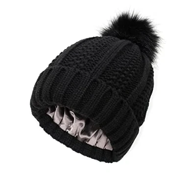 Image of TOEECY Winter Hats for Women Pom Beanie Hat Satin Lined Faux Fur Beanies Warm Cable Knit Protect Hairstyle Soft Bobble Ladies (Black)