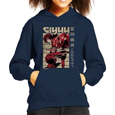 Image of Cloud City 7 Giyu Tomioka Kanji Kid&#039;s Hooded Sweatshirt Navy Blue