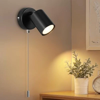 Image of Ketom Adjustable Indoor Wall Lamp GU10 Modern Lights for Living Room with Pull Cord Switch Black Spotlight Fixtures Sconces Bedroom Bedside Hallway Bulb Not Included