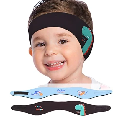 Image of MoKo Swimming Headband for Kids, 2 Pack Cute Cartoon Swim Ear Band Kids Keep Water Out Waterproof Protection Bathing Age 4 17 M Size, Black + Blue