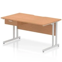 Image of Impulse 1400 x 800mm Scalloped Edge Straight Office Desk Oak Top Silver Cantilever Leg Workstation 1 Drawer Fixed Pedestal