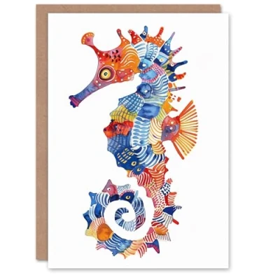 Image of Artery8 Colourful Pattern Watercolour Seahorse Folk Art Blank For Him Or Her Birthday Card